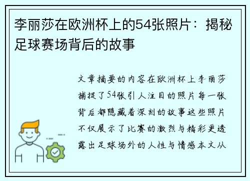 李丽莎在欧洲杯上的54张照片：揭秘足球赛场背后的故事